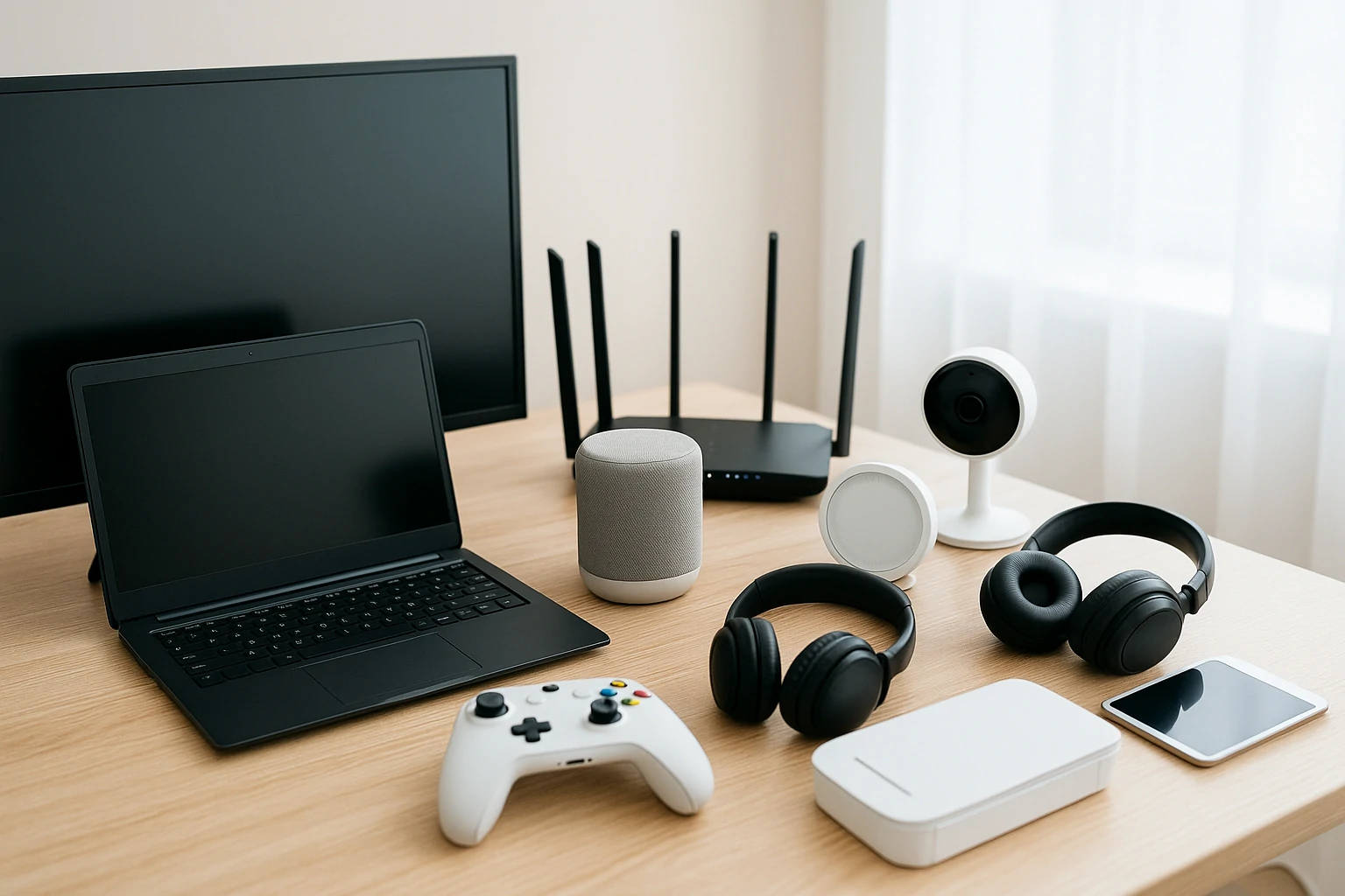 A clean setup of home tech devices including laptop, smart speaker, router, headphones, and gaming controller