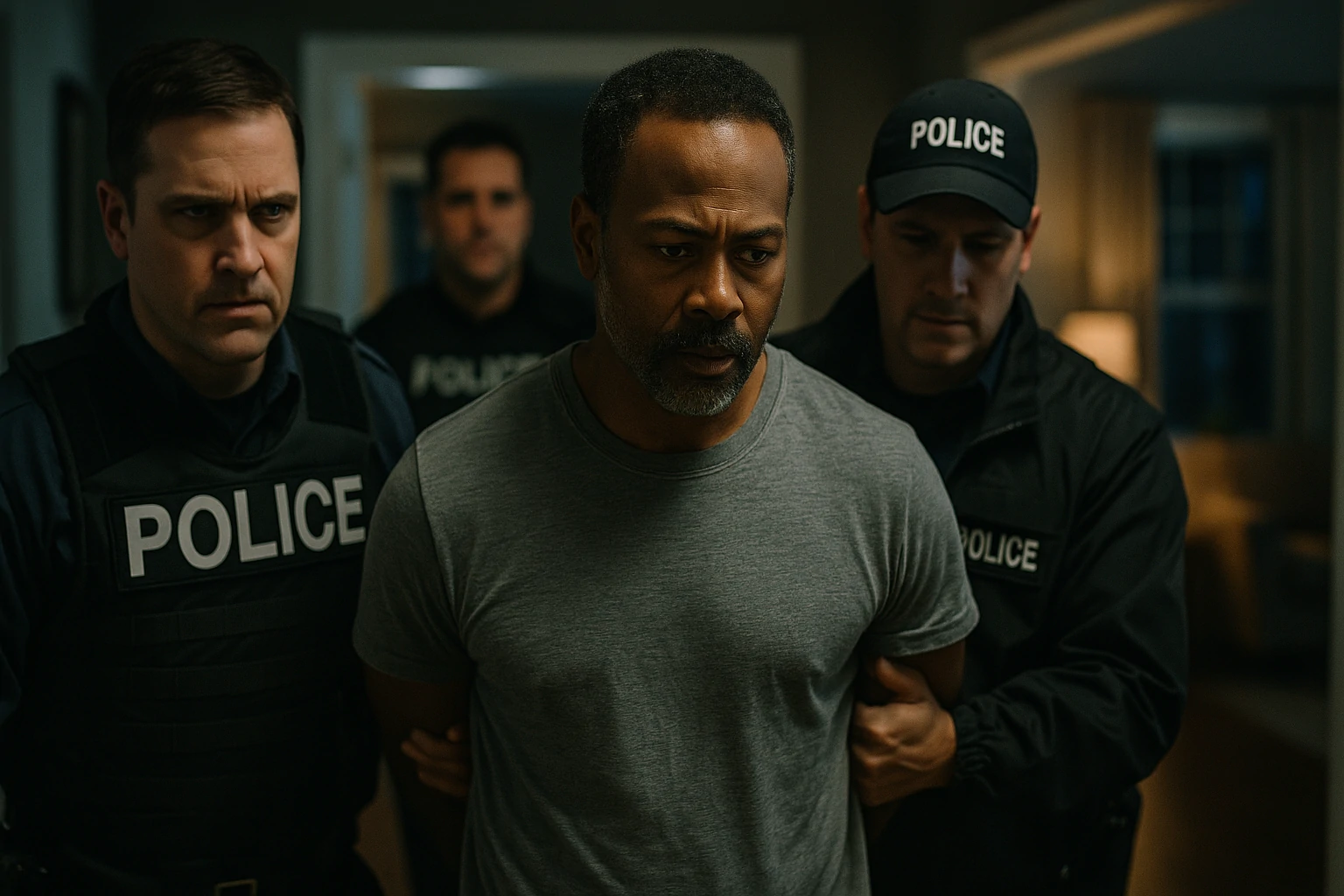 Law enforcement officers and investigators at a crime scene in New York, examining evidence following a self-defense claim.