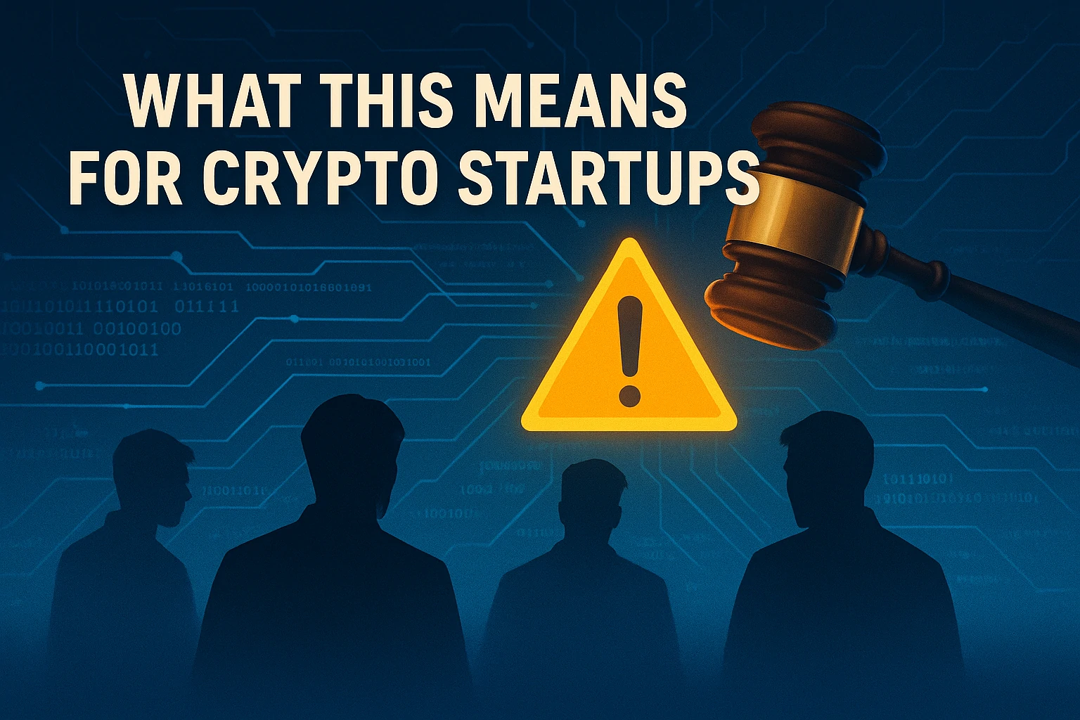 Silhouettes of startup founders with a warning symbol, gavel, and blockchain code in the background