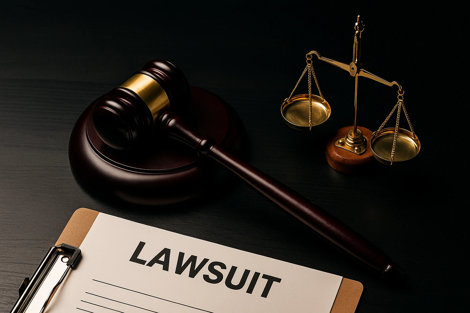 Gavel and golden balance scale beside a lawsuit document on dark table