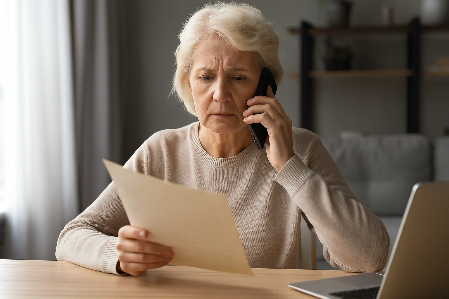 Elderly woman looks concerned while reading a letter and talking on the phone at her table