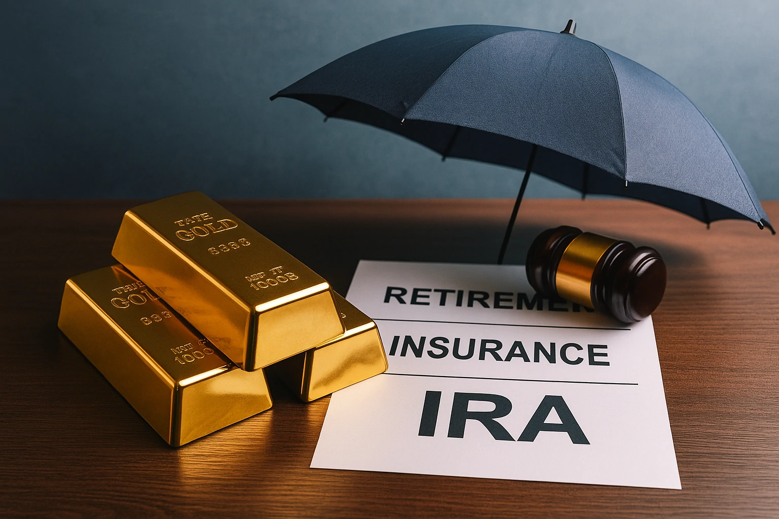 Gold bars stacked beside an umbrella covering retirement, insurance, and IRA documents with a judge’s gavel nearby
