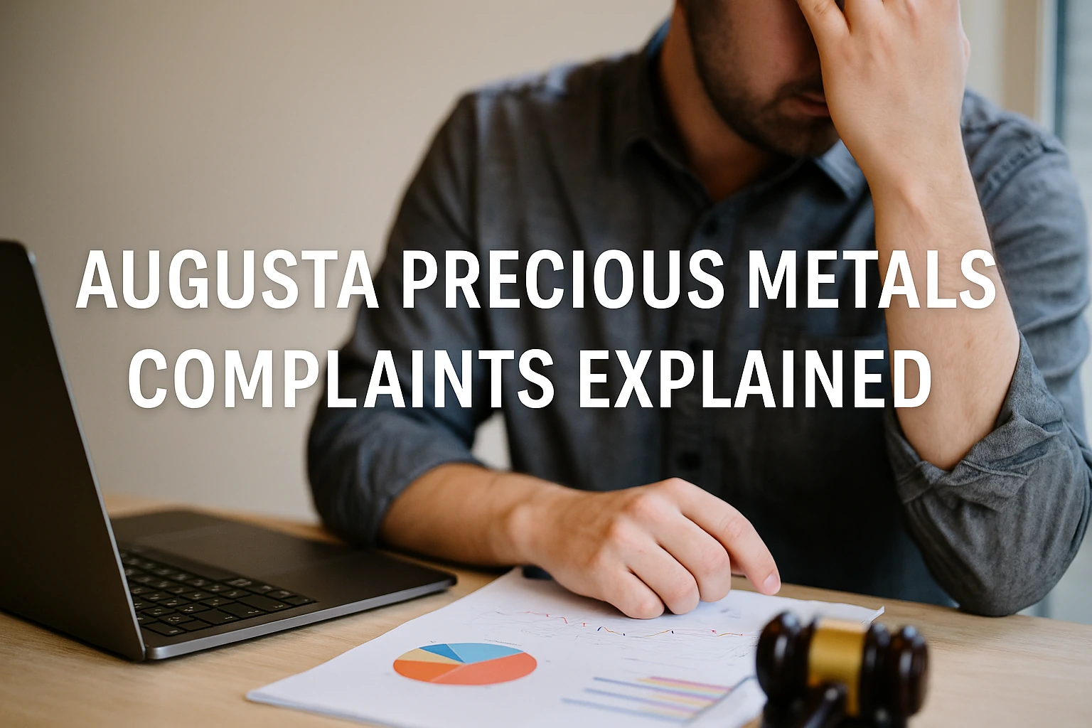 Man holding head in frustration at desk with papers, charts, and a laptop while reviewing Augusta Precious Metals documents