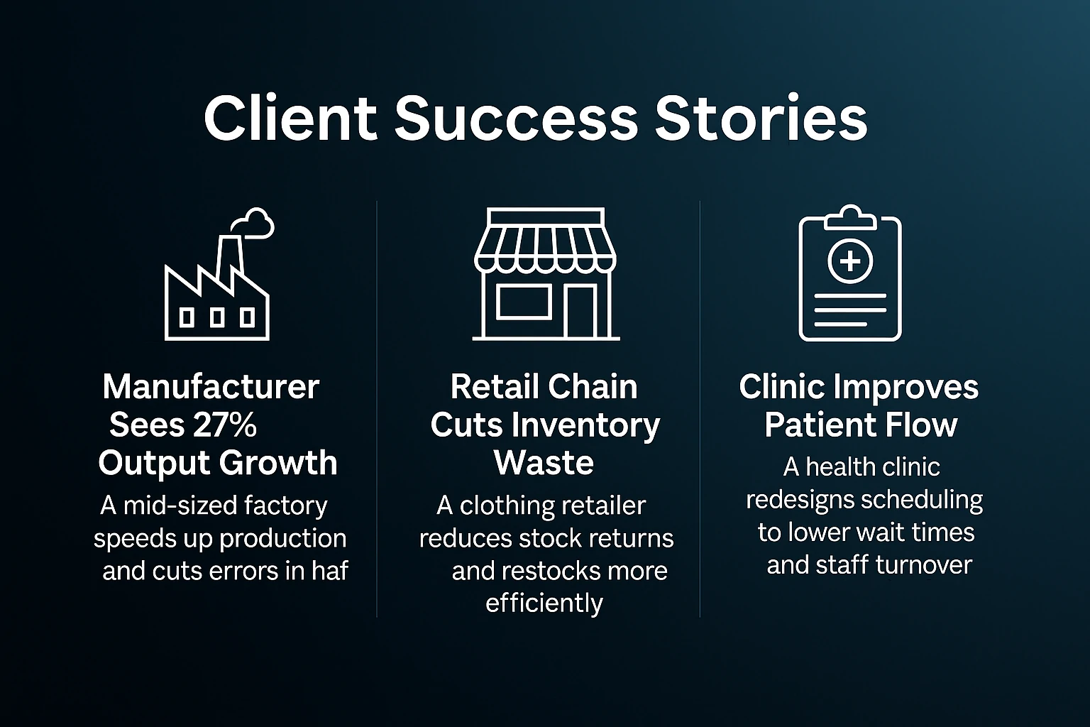 Infographic showing three client success stories from manufacturing, retail, and healthcare sectors.