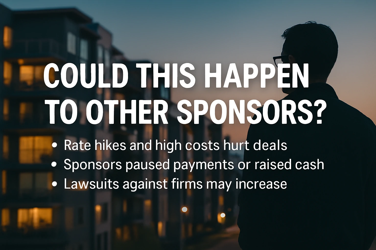 Man in silhouette looks at apartments with text on legal risks for other real estate sponsors