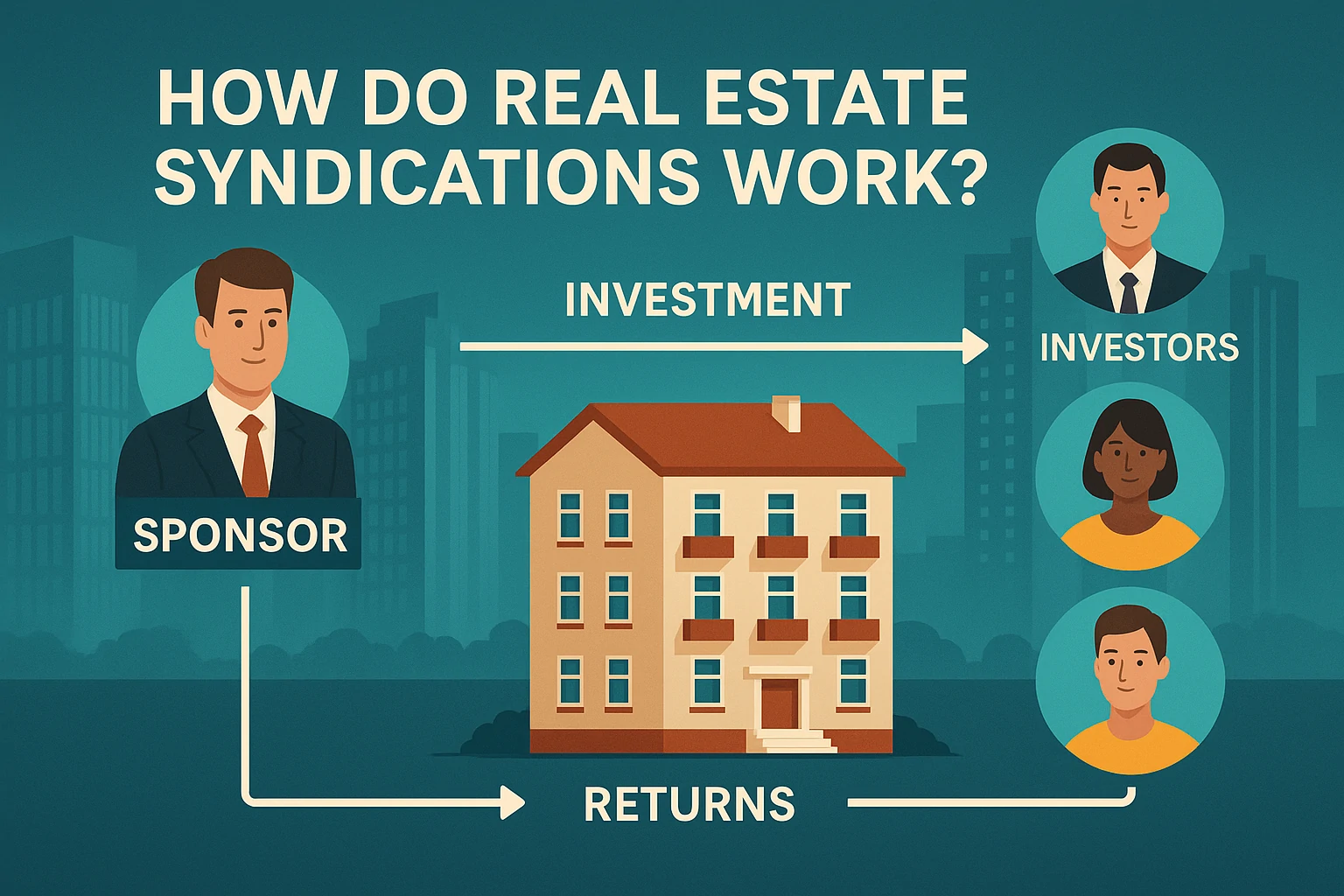 Diagram showing sponsor investing in apartment building with returns sent back to investors in a real estate syndication model