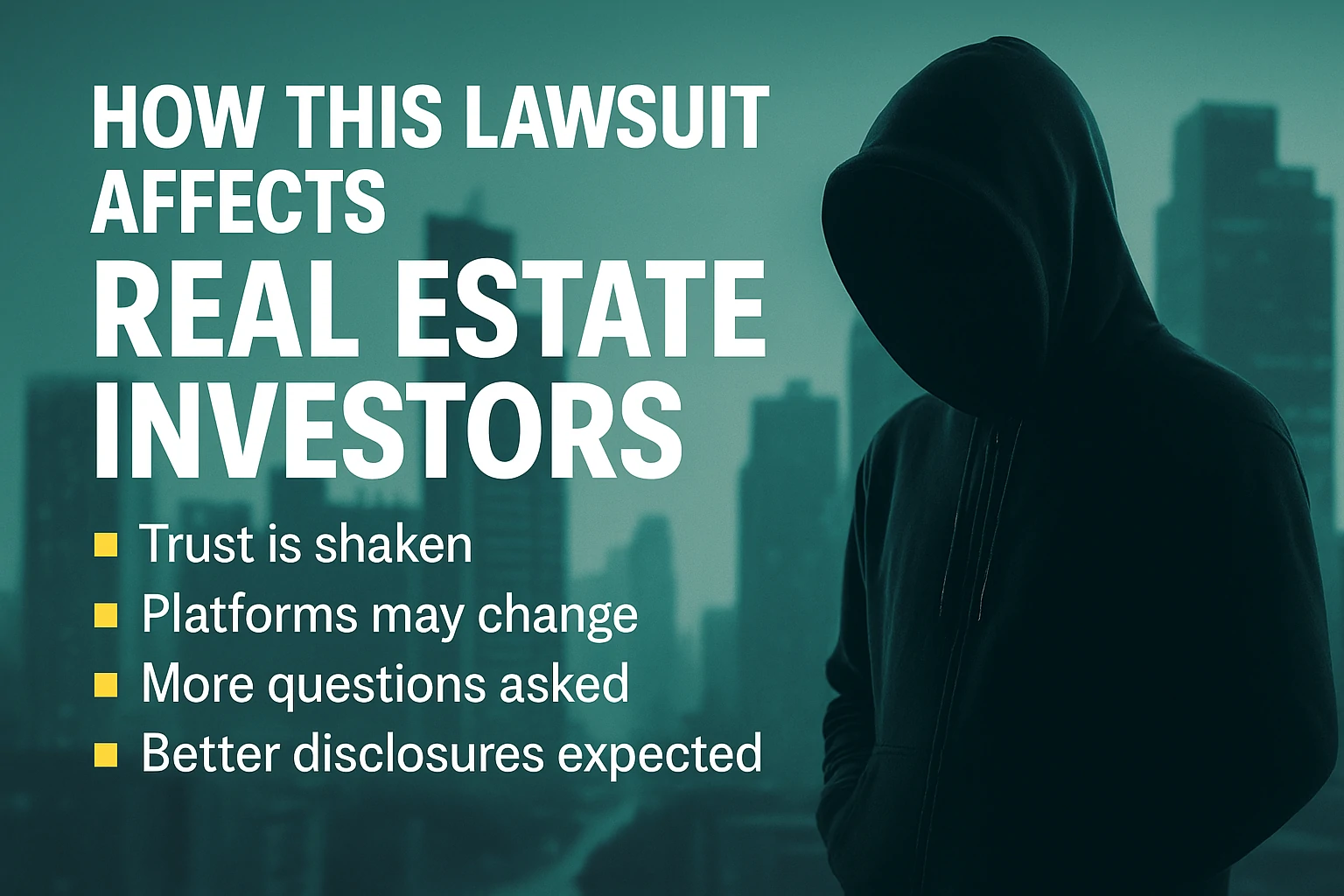 Hooded figure in front of city skyline with text showing how the lawsuit affects real estate investors