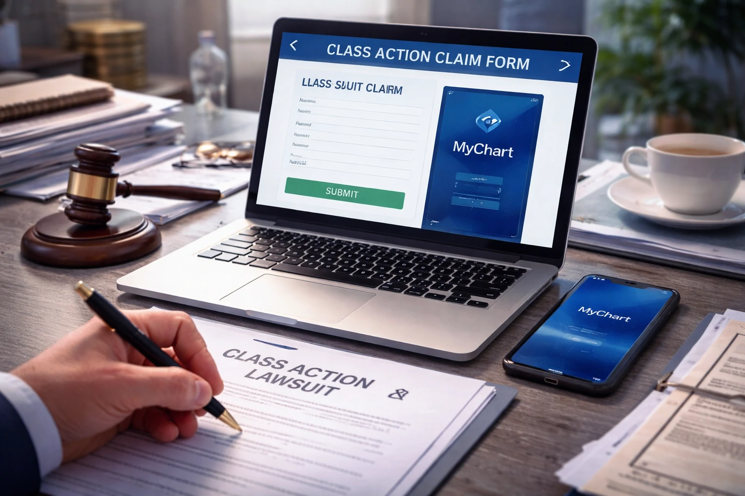 Close-up of hands filling legal documents on a desk next to a smartphone and laptop in a softly lit office