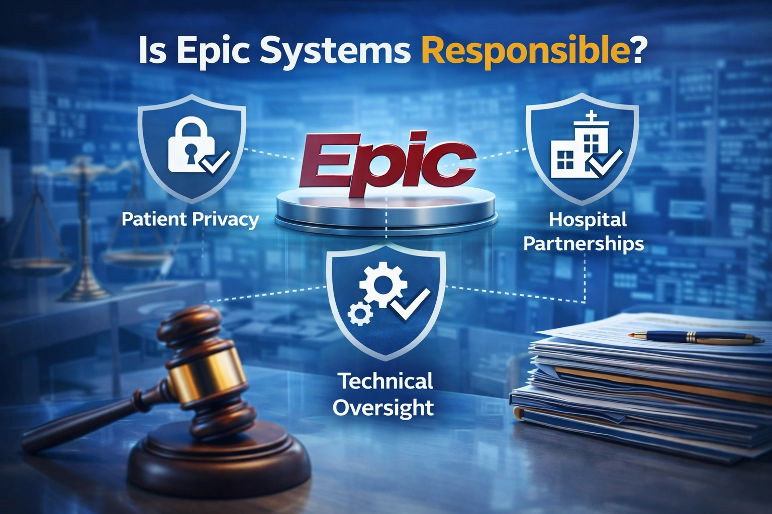 Epic Systems logo on digital screen next to gavel and legal balance scales, highlighting data responsibility in healthcare