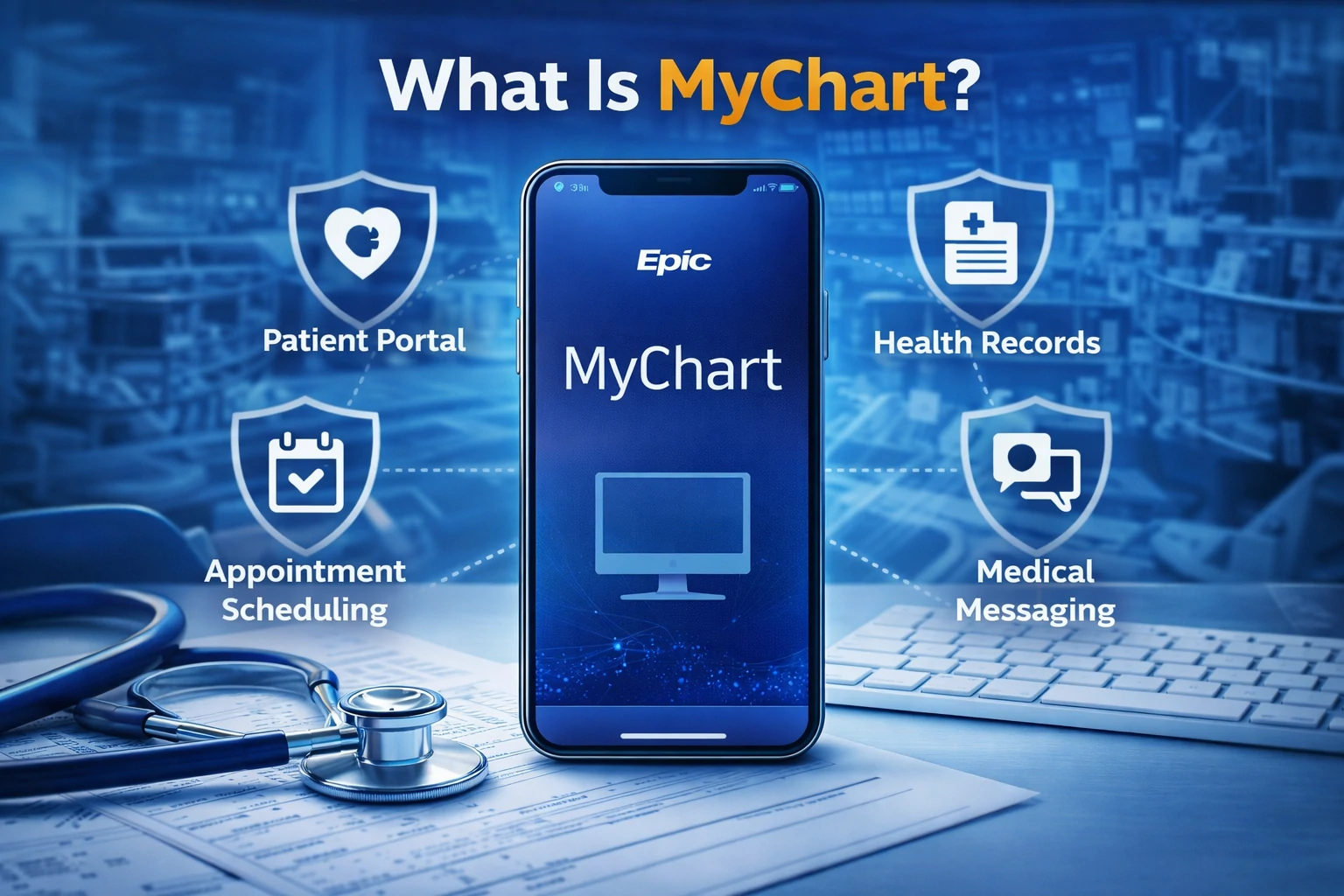 Smartphone showing MyChart app with icons for patient portal, health records, appointments, and messaging