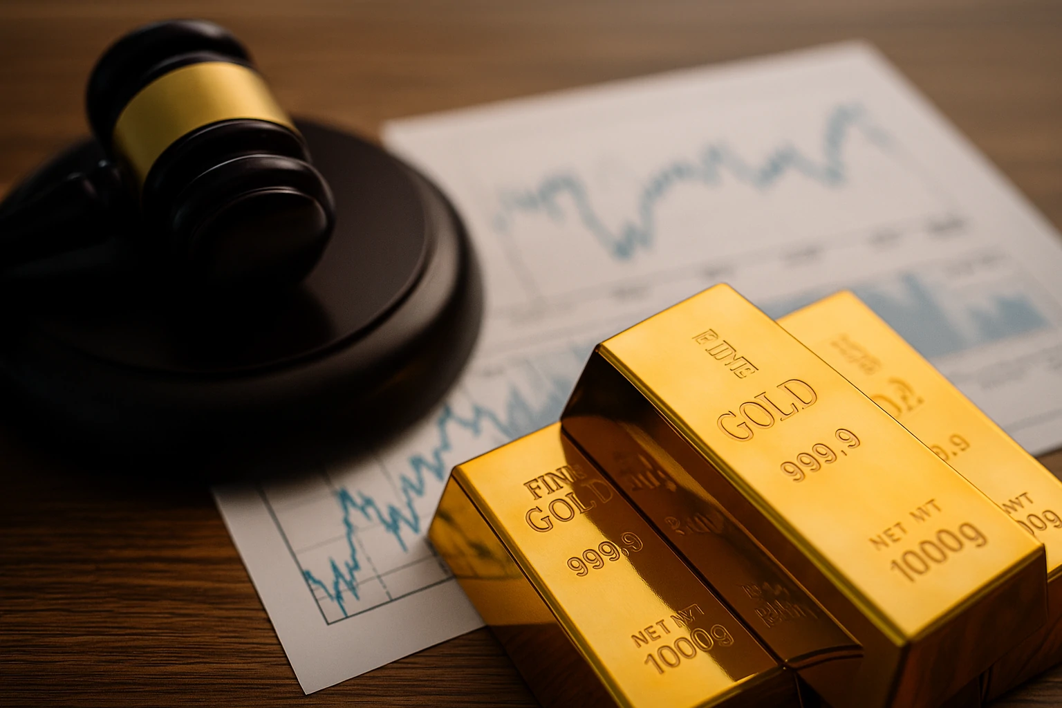 Close-up of gold bars beside a judge’s gavel and financial charts on a wooden surface