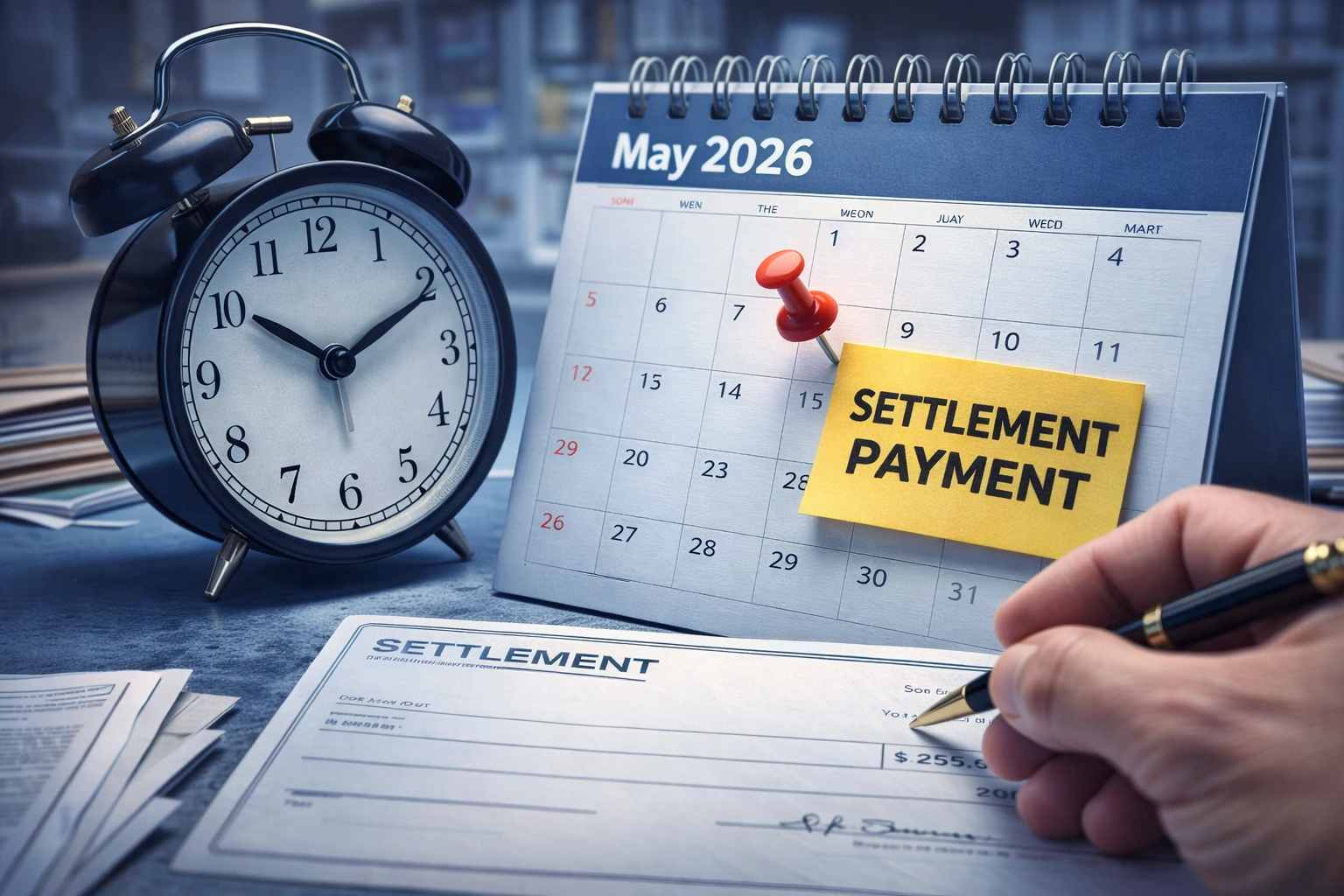 Close-up of a May 2026 calendar with a red pin and “Settlement Payment” note next to a clock and check