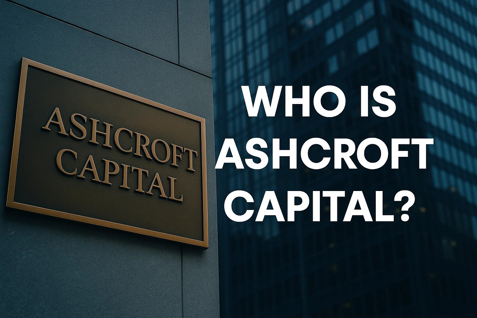 Bronze Ashcroft Capital plaque on modern building with city in background and bold “Who Is Ashcroft Capital?”