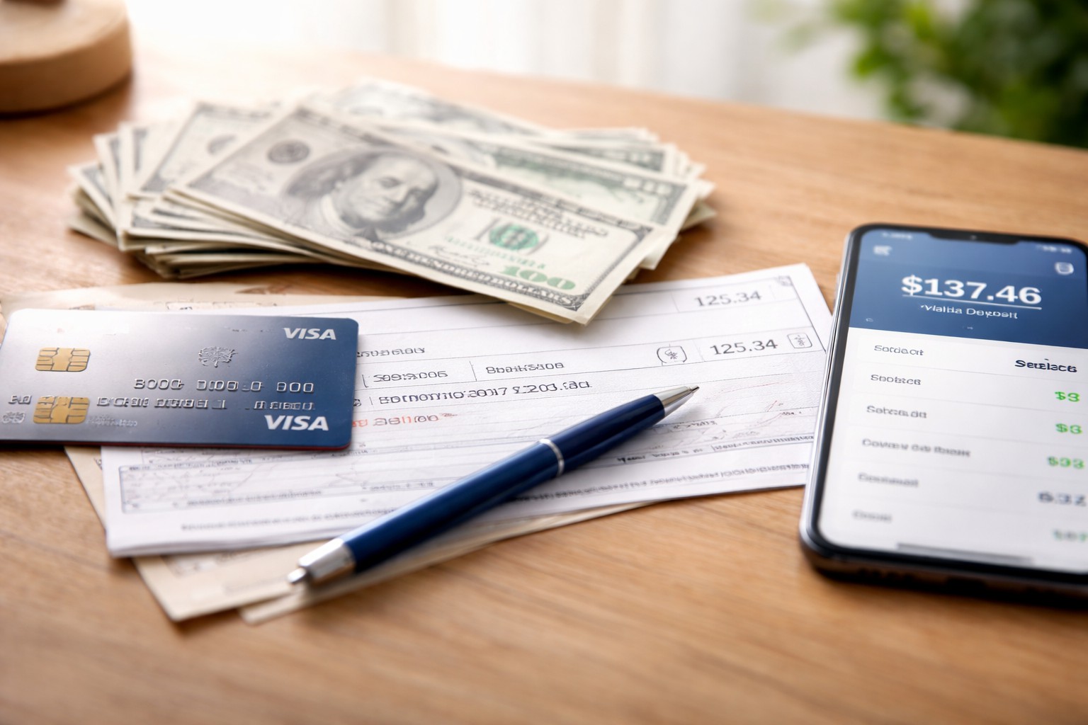 Cash App spam text lawsuit settlement payout concept showing cash, a prepaid card, a paper check, and a phone with a deposit amount on a bright desk