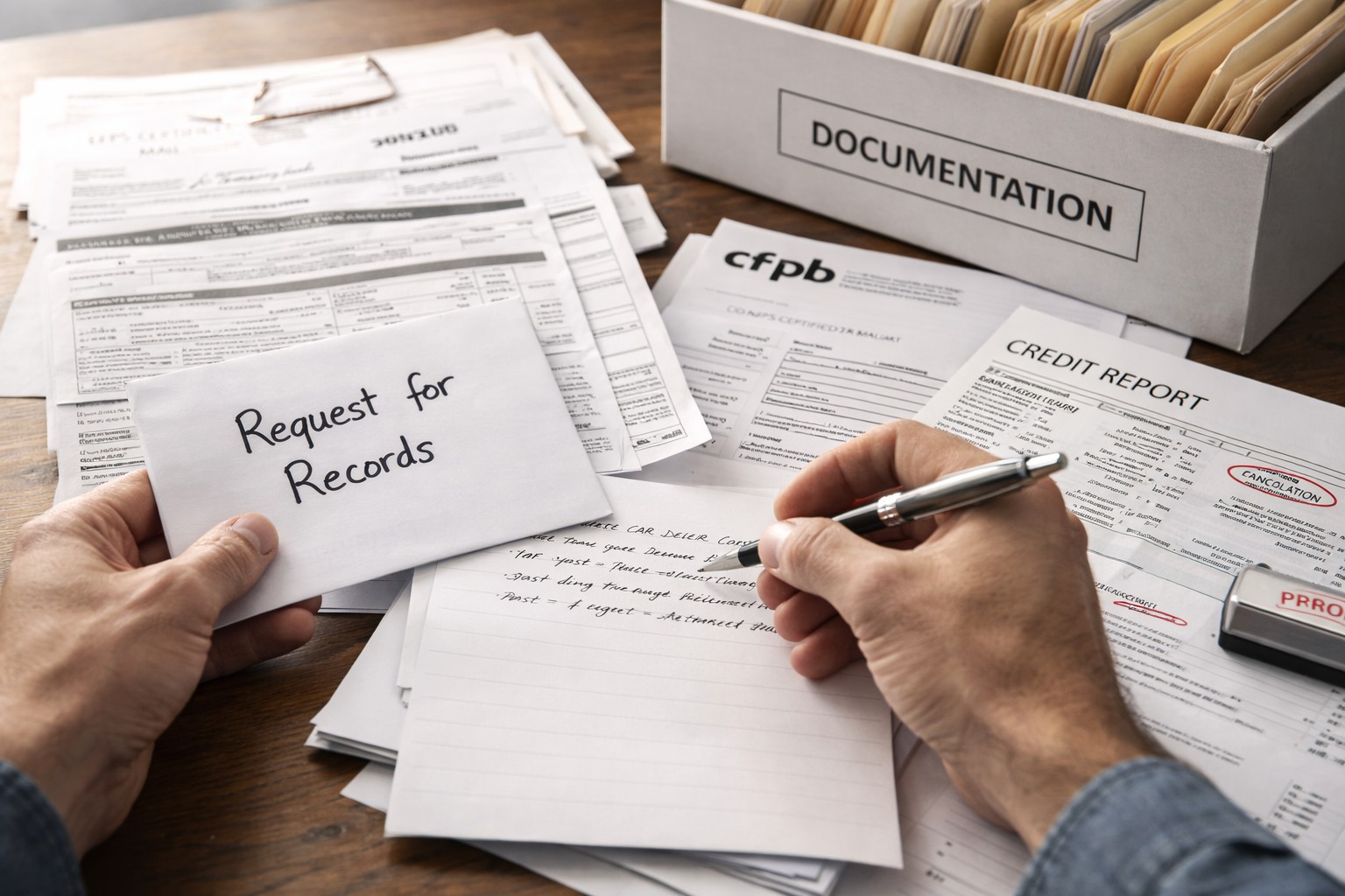 Person reviewing auto loan documents and credit report at desk with organized paperwork, pen, and legal notepad under natural light representing buyer rights and dispute process.