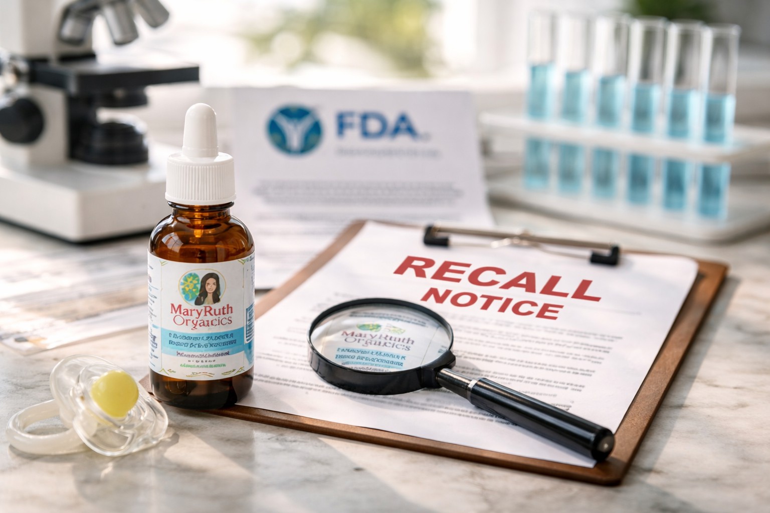 Infant probiotic supplement bottle beside recall notice document, laboratory testing tools, and FDA paperwork on a white table under natural light.