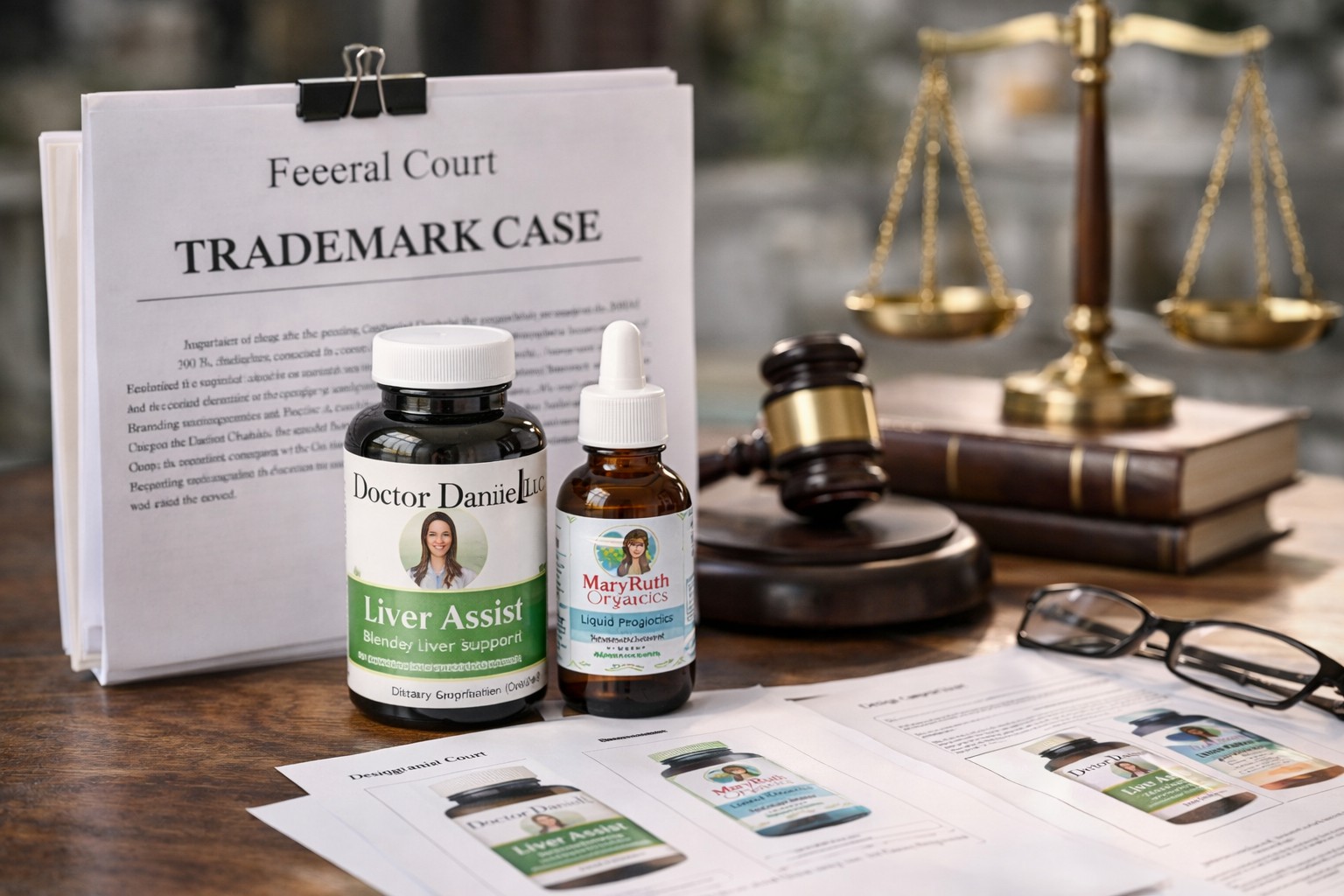 Two supplement bottles placed beside trademark court documents, legal gavel, and justice scale representing a supplement brand trademark dispute.