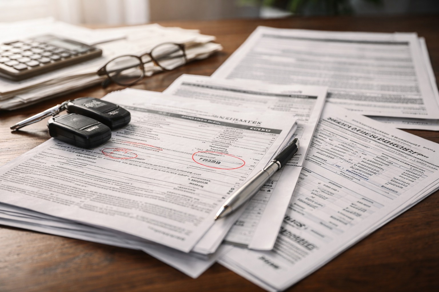 Close-up of auto loan paperwork including a retail installment sales contract, credit application, and itemized price sheet on a wooden desk with car keys and pen under natural light.