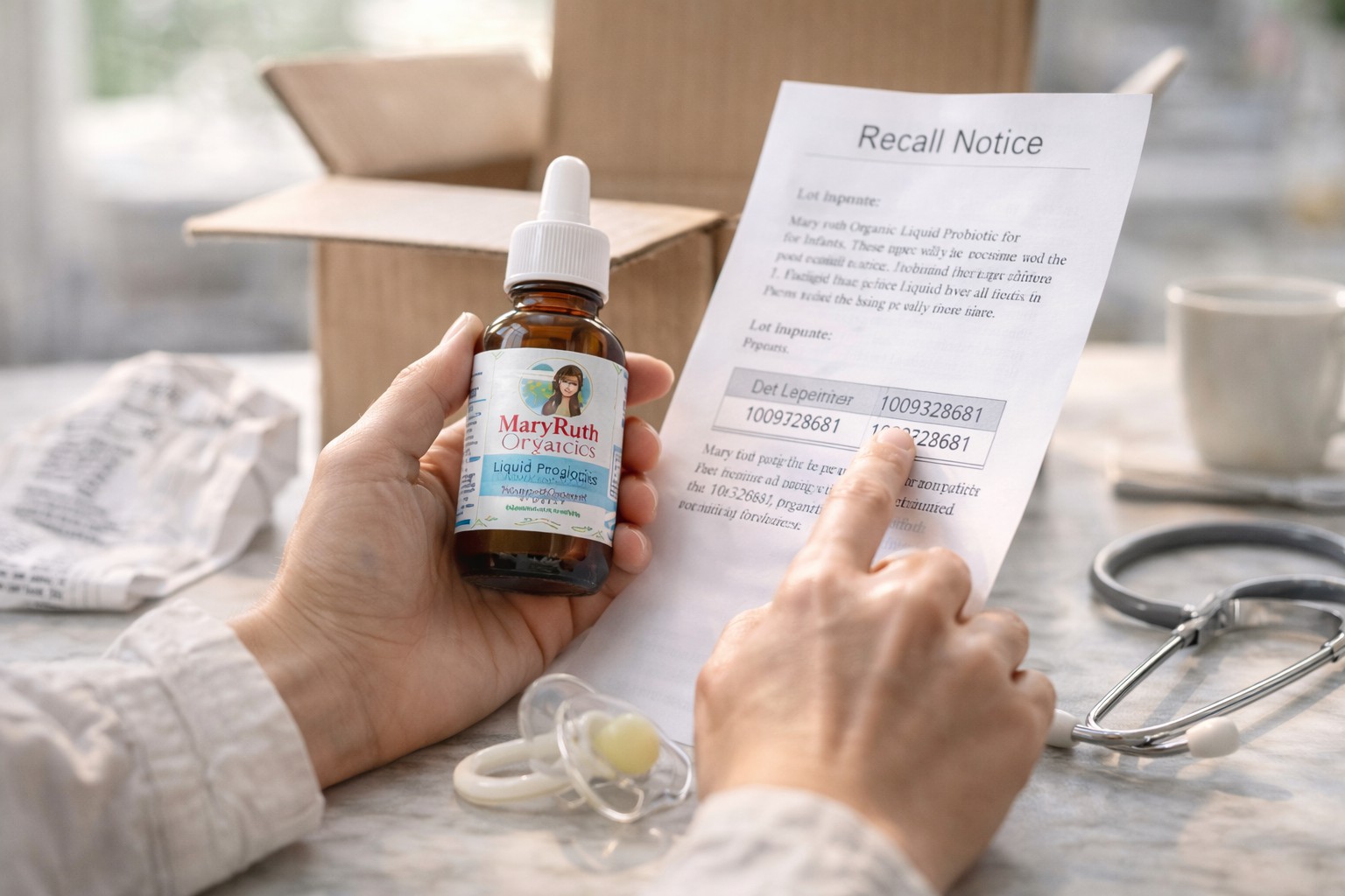 Person comparing supplement bottle lot number with recall notice document beside receipt and stethoscope on a table.