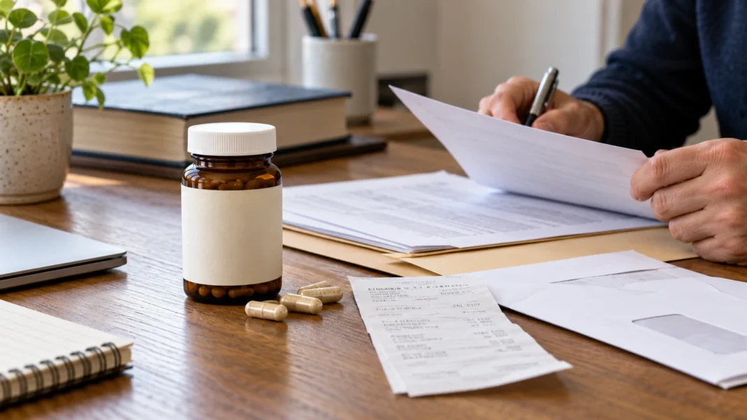 Supplement bottle and capsules beside purchase records as a person reviews documents.
