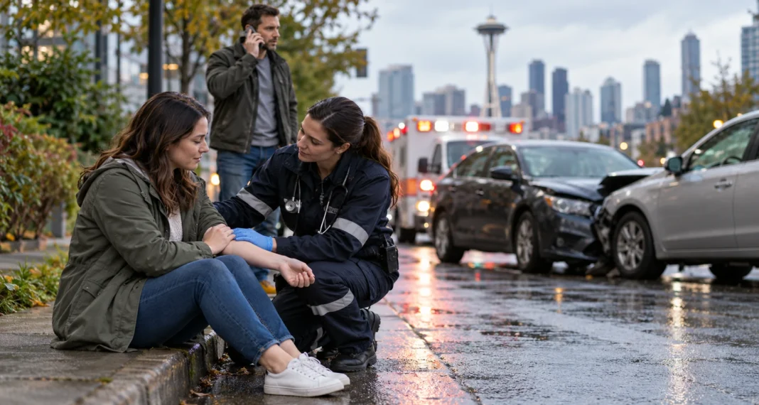 Paramedic helps a driver after a car accident on a wet Seattle street, with the Space Needle in the background.