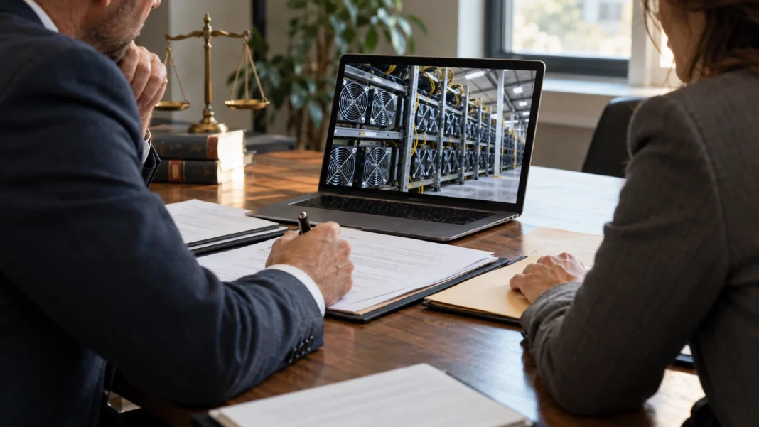 Legal professionals review contract documents beside a laptop showing Bitcoin mining equipment.