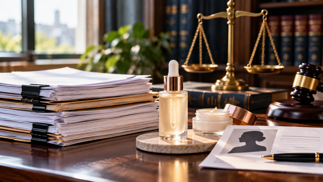 Legal documents and beauty products beside scales of justice, illustrating Amway legal disputes and publicity rights