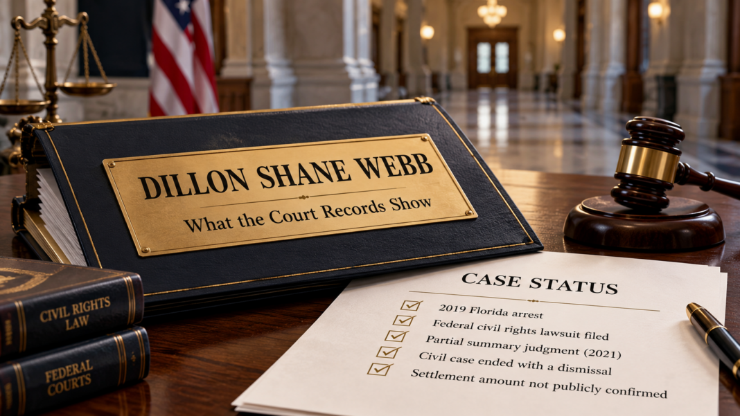 Editorial illustration of a court file on Dillon Shane Webb's civil rights lawsuit and settlement amount not publicly confirmed