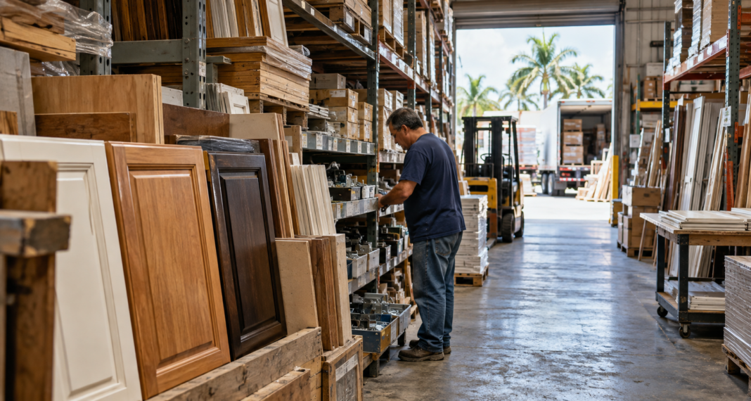 A worker checks hardware inventory among cabinet samples and timber shelves in a building-supply warehouse.