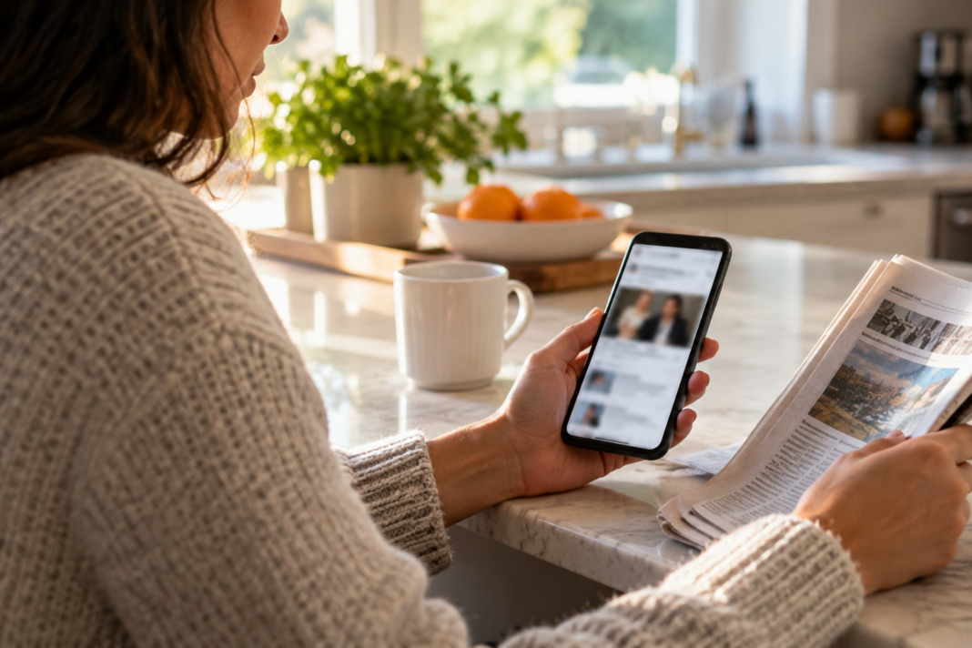 Woman checking news on her phone alongside a folded newspaper at a sunny kitchen counter.