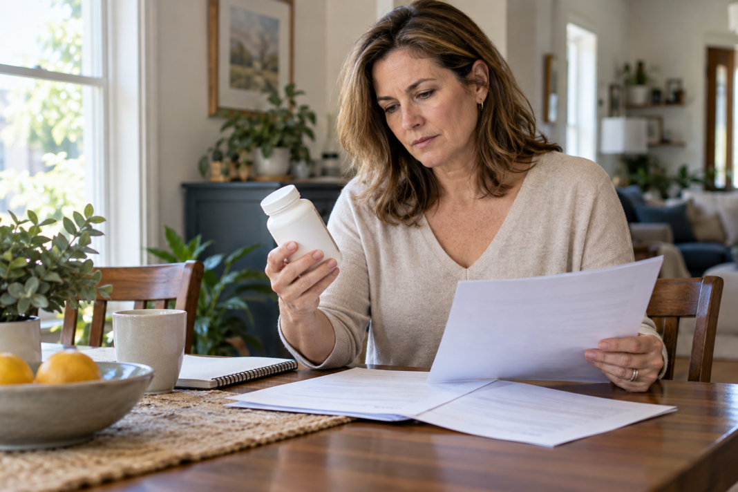 Woman reviewing a supplement bottle and paperwork at a home dining table